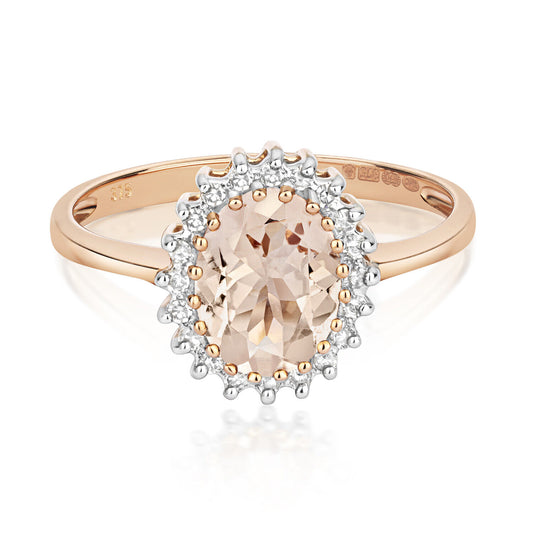 Real Morganite and Diamond Ring Solid Rose Gold Oval Gemstone Cluster Size J-Q