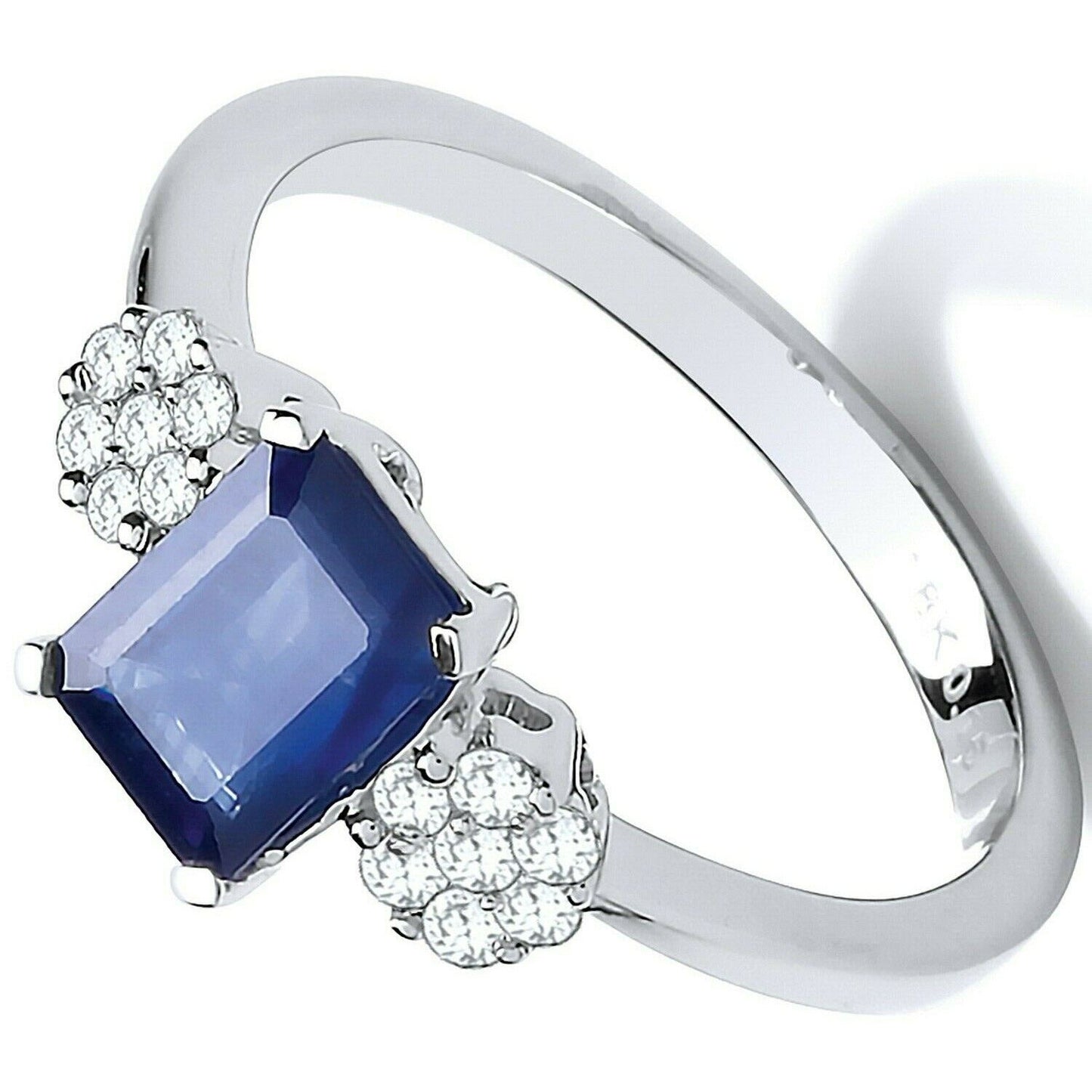 Real Emerald Cut Sapphire and Diamond Ring 18ct White Gold