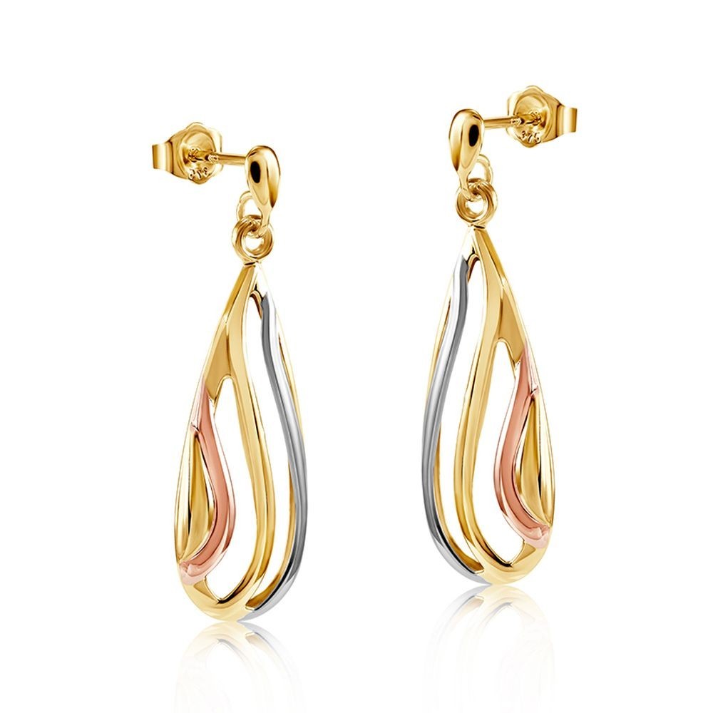 Multi Tone Gold Teardrop Earrings 9ct Yellow White and Rose Drops Hallmarked