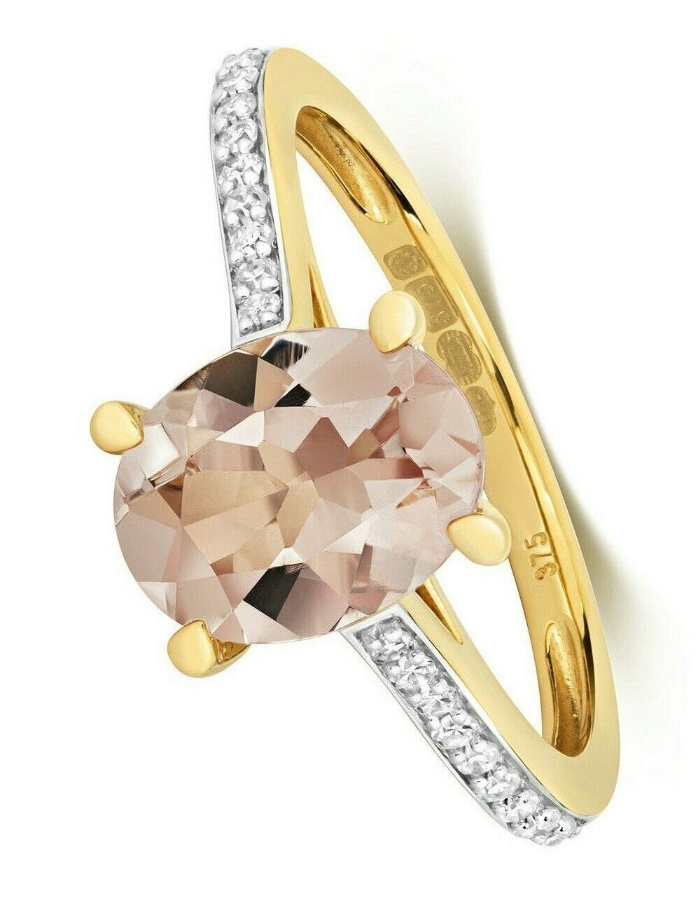 Real Morganite and Diamond Ring 9ct Yellow Gold Oval Solitaire Size J -Q