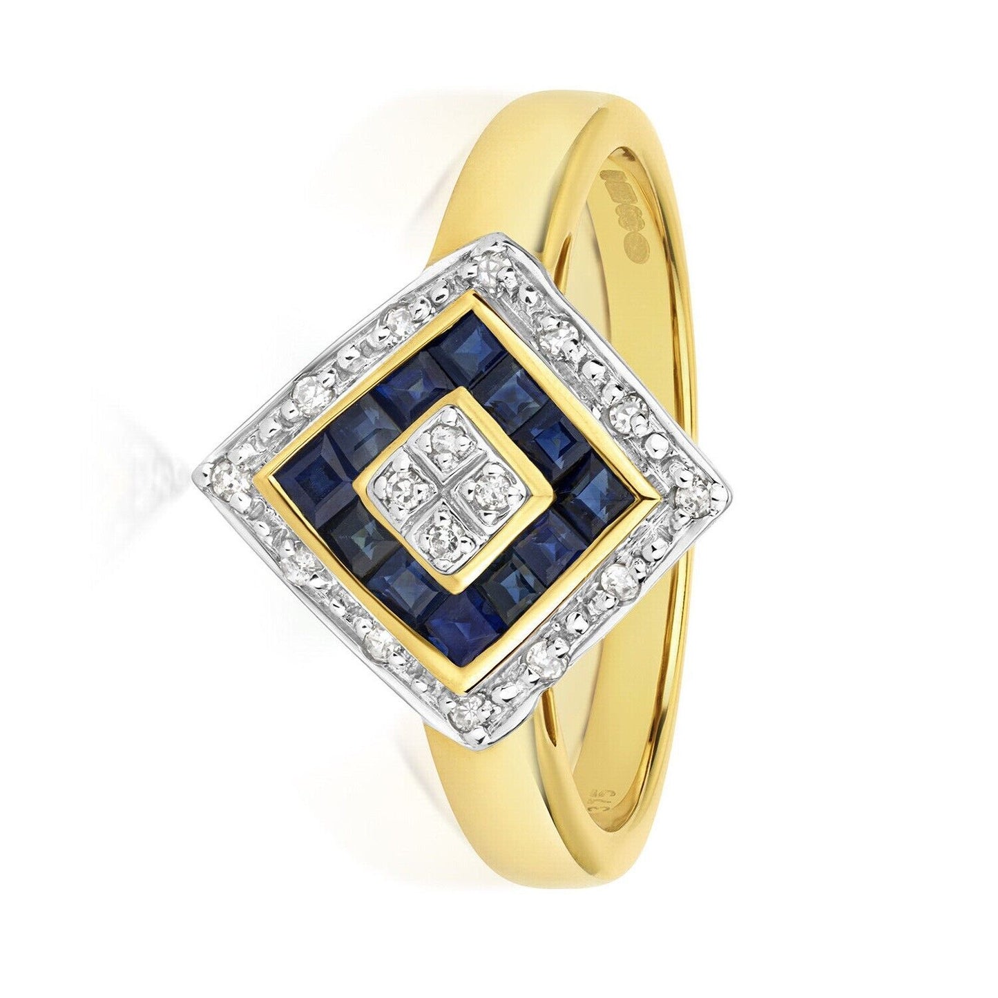 Real Sapphire and Diamond Ring Solid Yellow Gold Square Cluster Size JKLMNOPQ