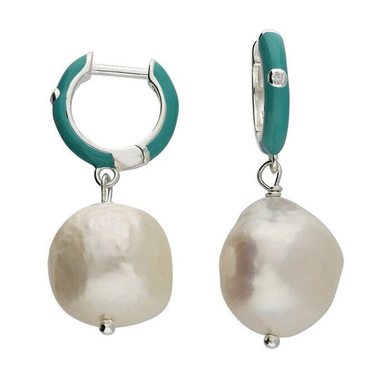 Freshwater Pearl Huggie Earrings Solid Sterling Silver With Turquoise Enamel