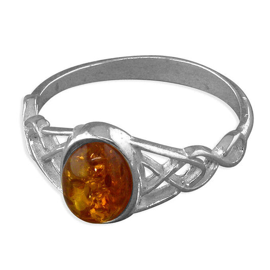Cognac Amber Oval Ring With Celtic Shoulders Solid Sterling Silver 925