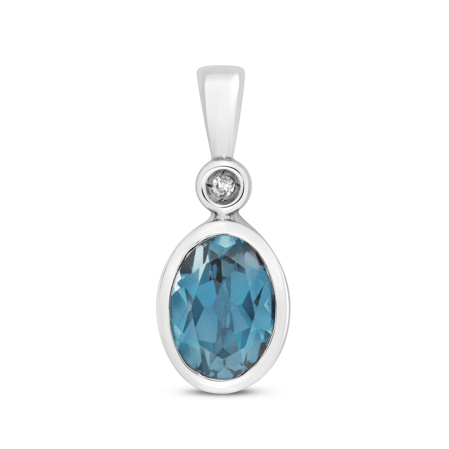 London Blue Topaz and Diamond Oval Solitaire Pendant 9ct White Gold Real Stones