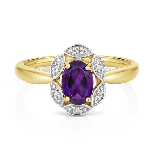 Amethyst and Diamond Ring 9ct Yellow Gold Cluster Genuine Stones Size J - Q