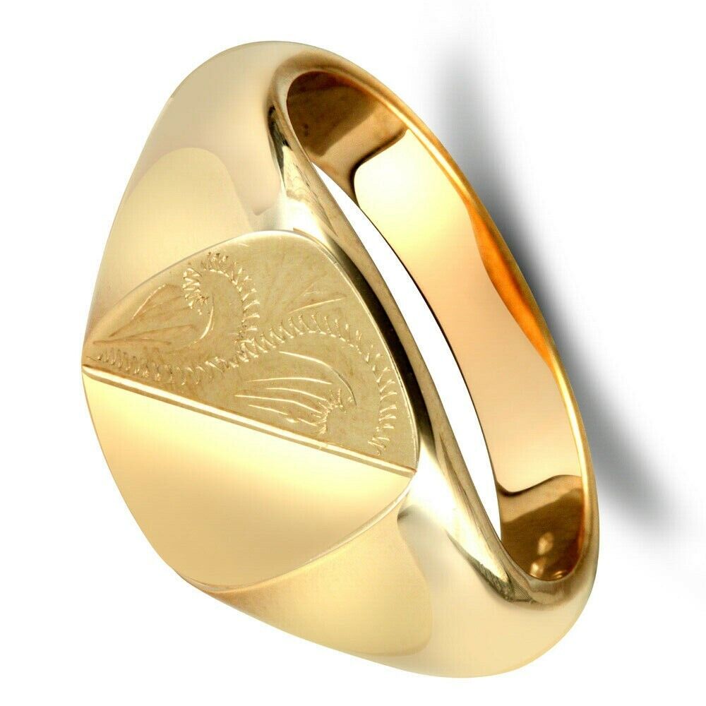 Yellow Gold Cushion Signet Ring Medium Weight Men's 9K Hallmarked British Made