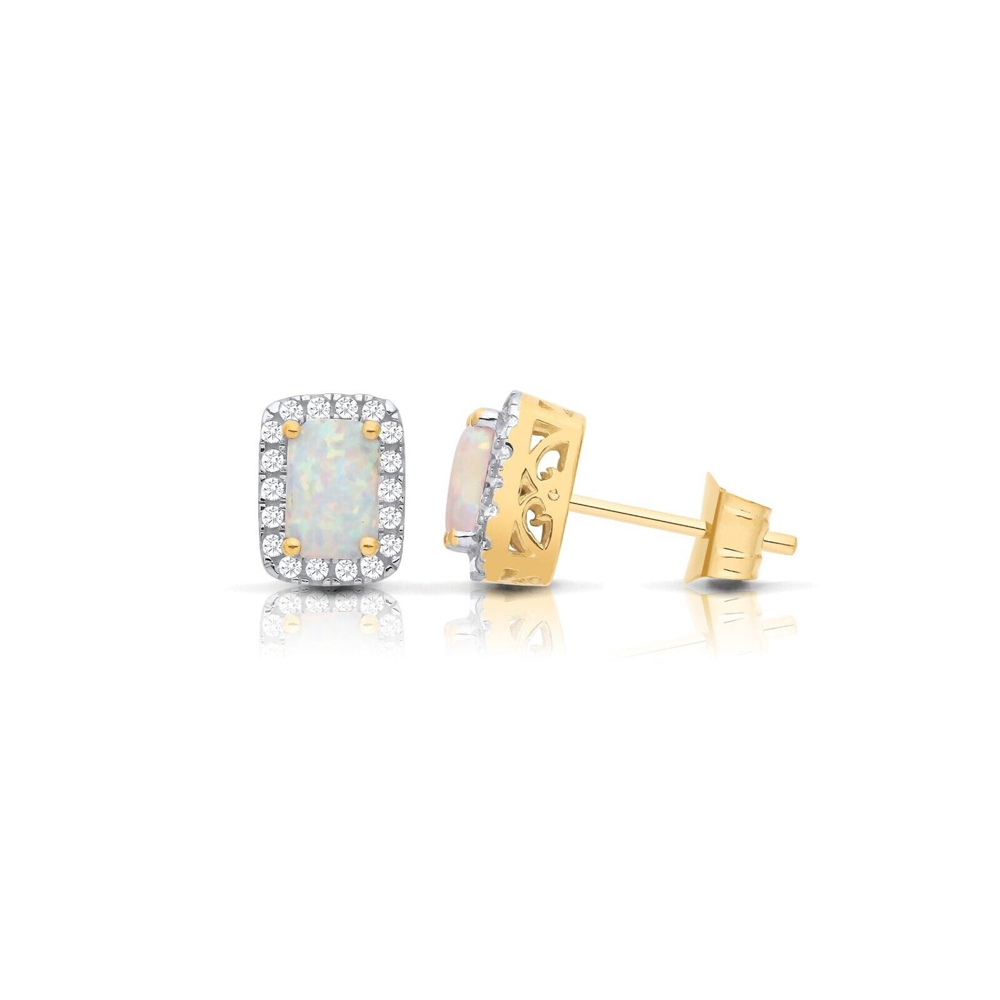 9ct Yellow Gold Opal Cluster Stud Earrings Emerald Cut Studs Hallmarked