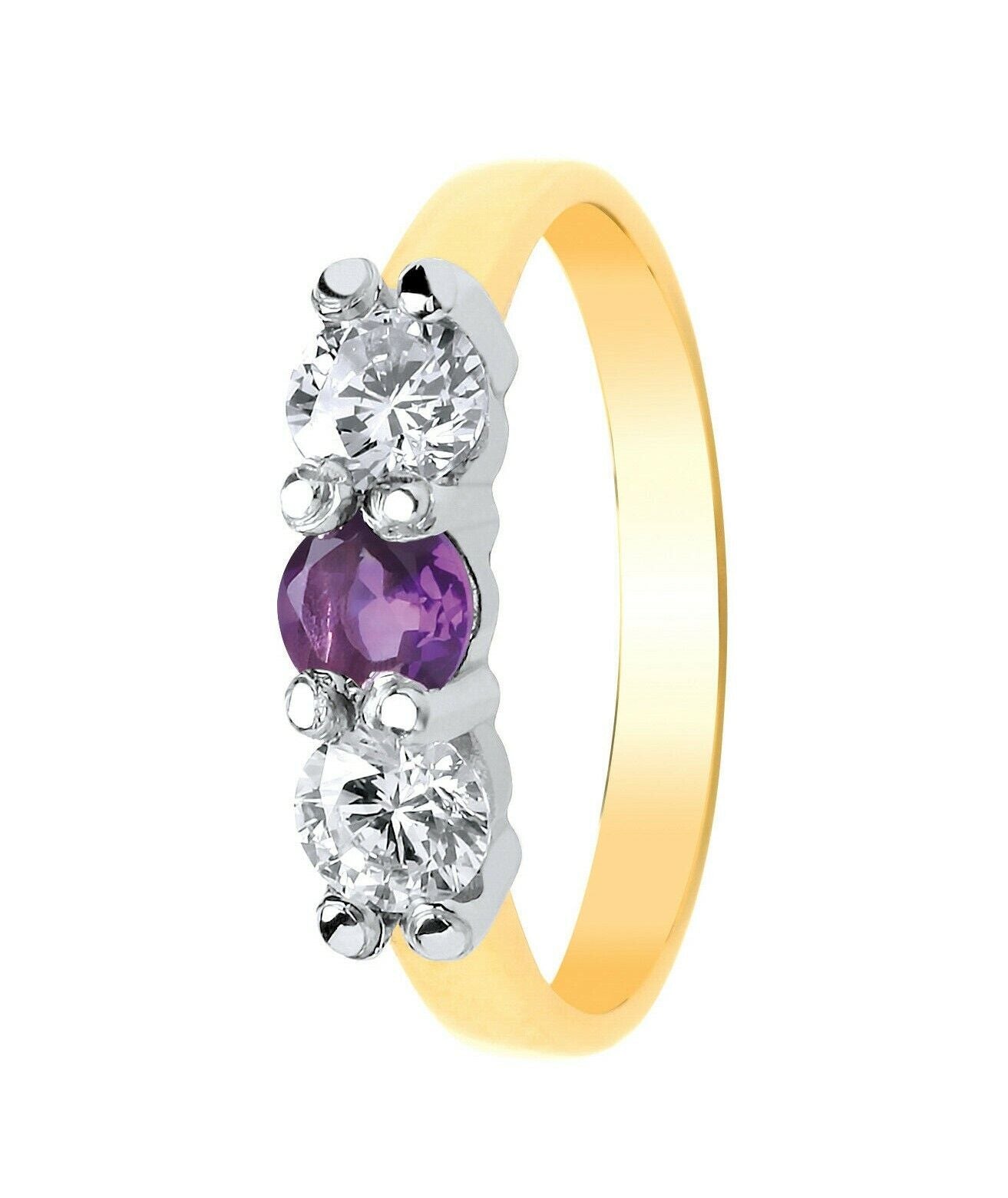 Real Amethyst Trilogy Ring 9ct Yellow Gold Three Stone Engagement Full Hallmark