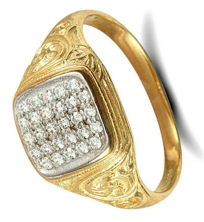 9ct Yellow Gold Gents Cubic Zirconia Ring Square Signet Hallmarked