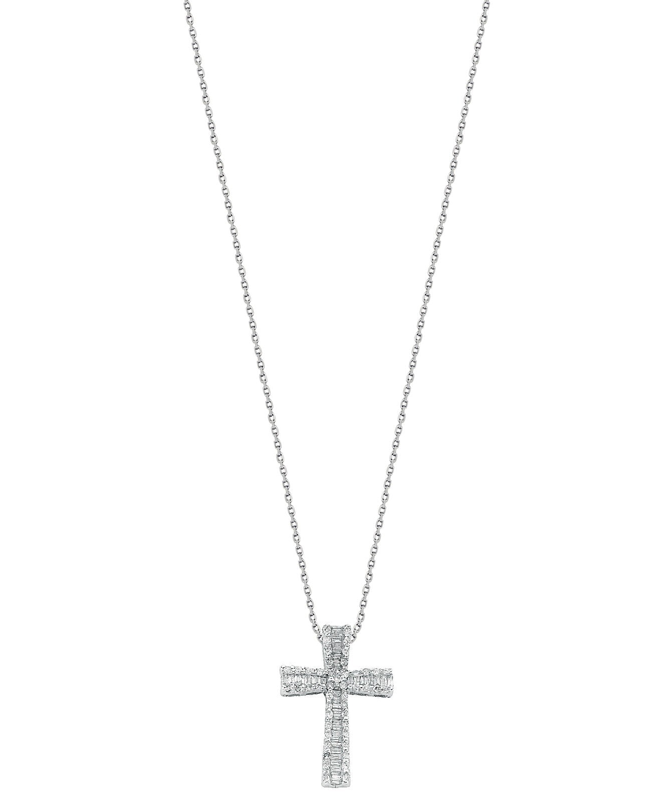 9ct White Gold 0.50ct Brilliant & Baguette Cut Diamond Cross Pendant 18in Chain