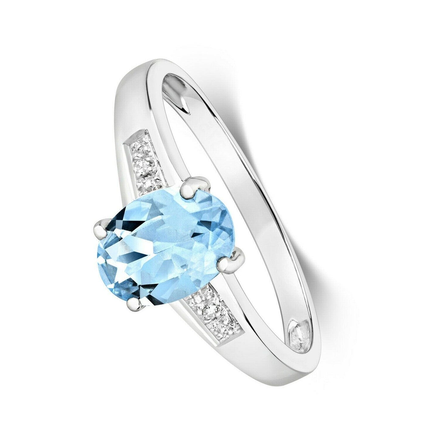 Real Aquamarine and Diamond Ring Solid White Gold Oval Solitaire Size J - Q