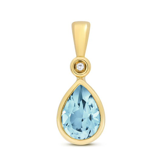 Blue Topaz and Diamond Pear Teardrop Pendant 9ct Yellow Gold Solitaire
