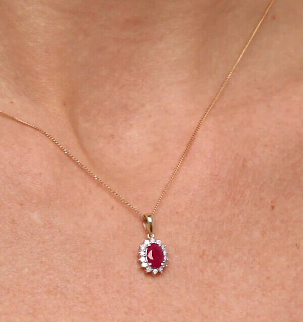 Ruby and Diamond Oval Cluster Pendant Solid 9ct Yellow Gold Real Stones