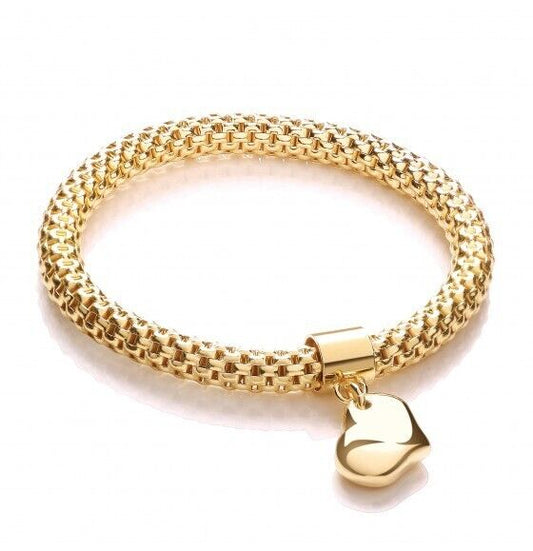 Yellow Gold Mesh Heart Bracelet on Solid Sterling Silver Luxurious Packaging