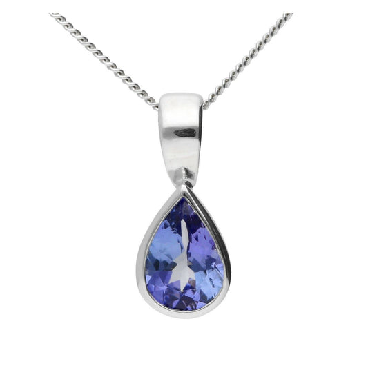 Tanzanite Pear Solitaire Pendant 9k White Gold Hallmarked 18" Chain British Made