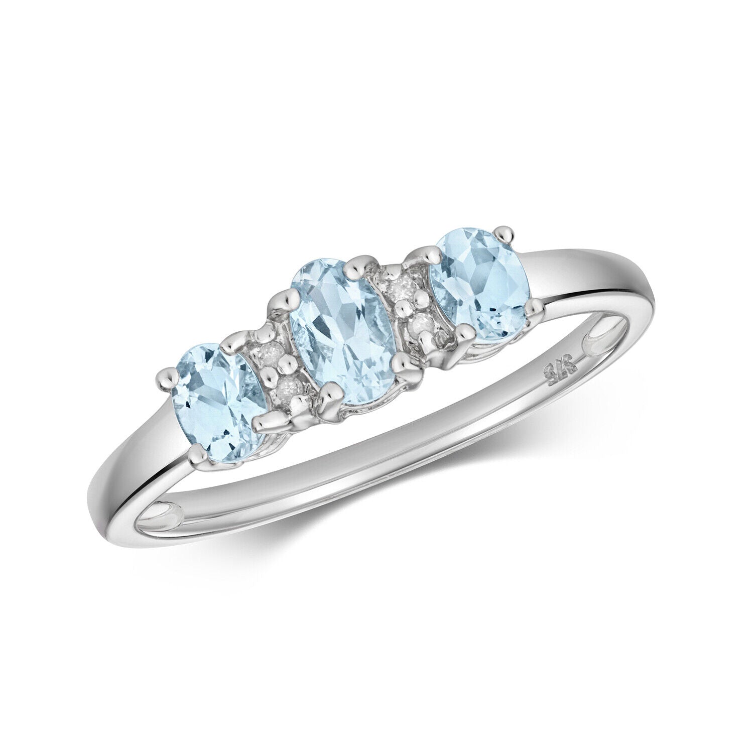 Real Aquamarine and Diamond Ring Solid 9ct White Gold Size J - Q