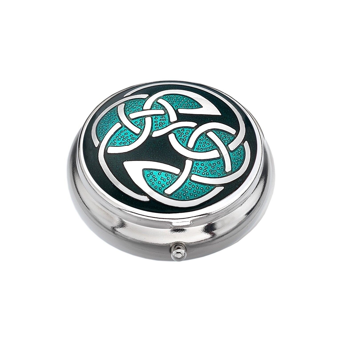 Pillbox Silver Plated Celtic Open Knot Green Brand New and Boxed