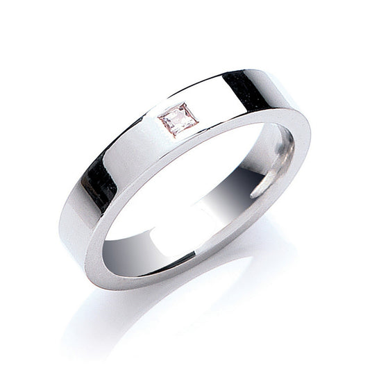 4mm white gold wedding band with a square cut diamond by J R Jewellery