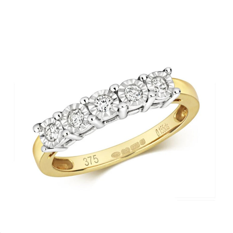 9ct Yellow Gold Diamond Eternity Ring Five Stone Anniversary Illusion Setting