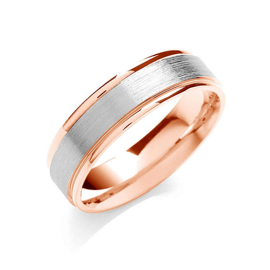 6mm rose and white gold wedding band from J R Jewellery with brushed white gold centre and polished rose gold edges