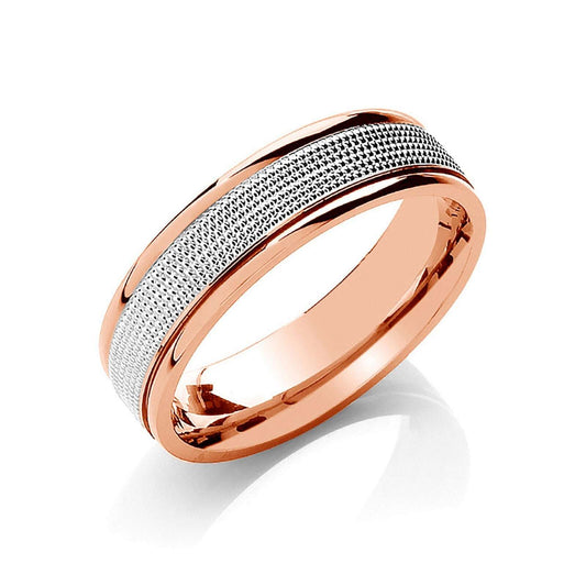 6mm two tone wedding band by J R Jewellery with rose gold edges and textured silver centre