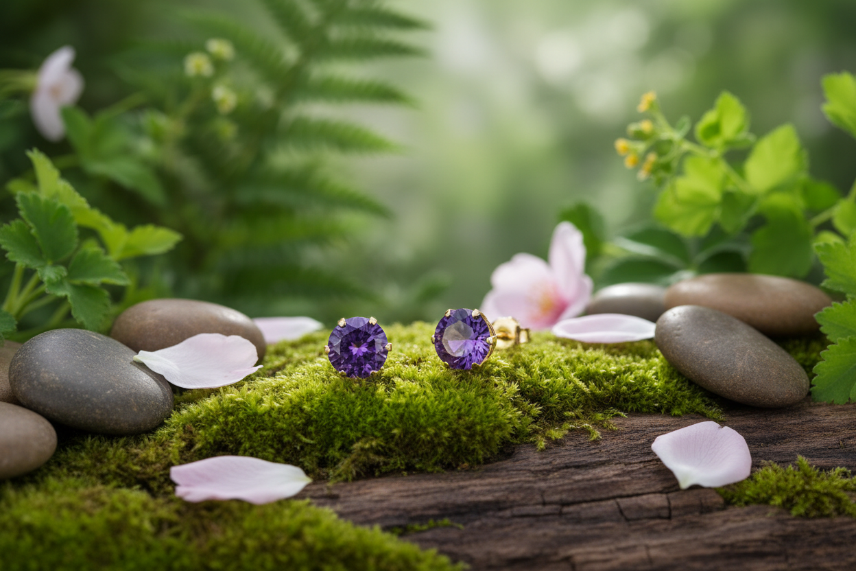 9ct Gold Amethyst Stud Earrings Yellow Gold Solitaire February Birthstone