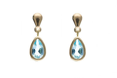 J R Jewellery 9ct gold blue topaz drop earrings with teardrop shaped blue gemstones