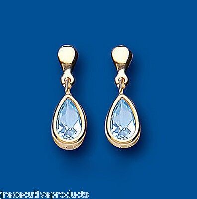 9ct gold blue topaz drop earrings with teardrop-shaped blue topaz gemstones set in gold
