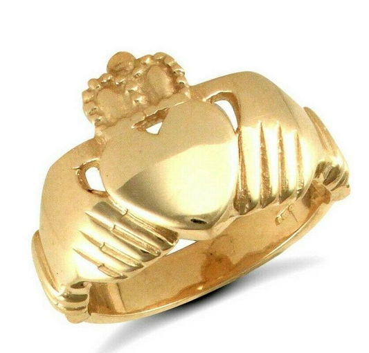 9ct gold Claddagh ring for men featuring hands holding a heart topped with a crown