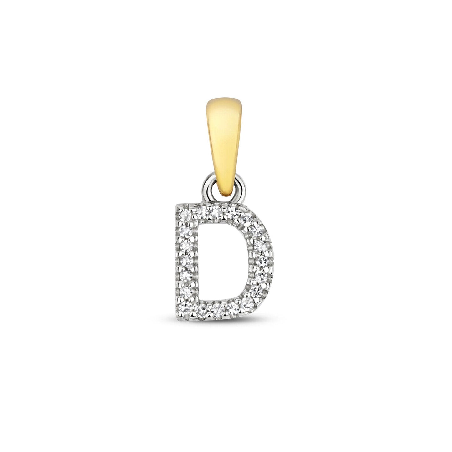 9ct gold diamond initial pendant letter D with sparkling diamonds on white background