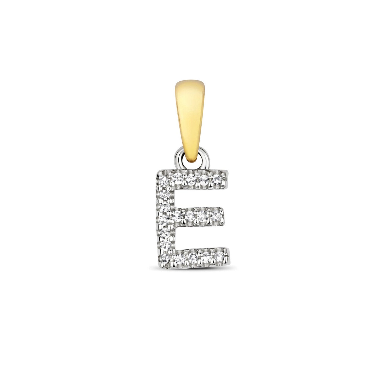 9ct gold diamond initial pendant letter E with sparkling diamonds and yellow gold bail by J R Jewellery