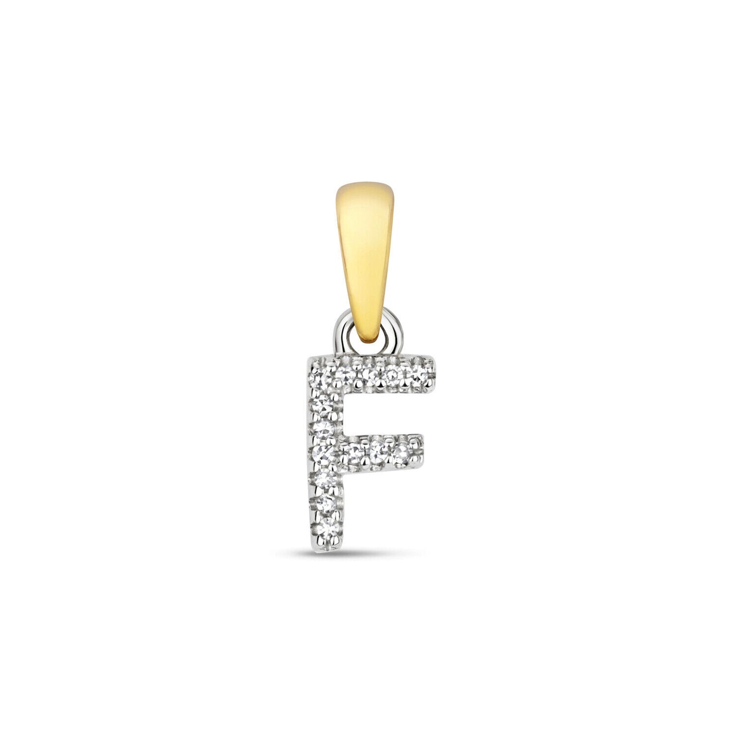 9ct gold diamond initial pendant letter F with sparkling diamonds and gold bail by J R Jewellery