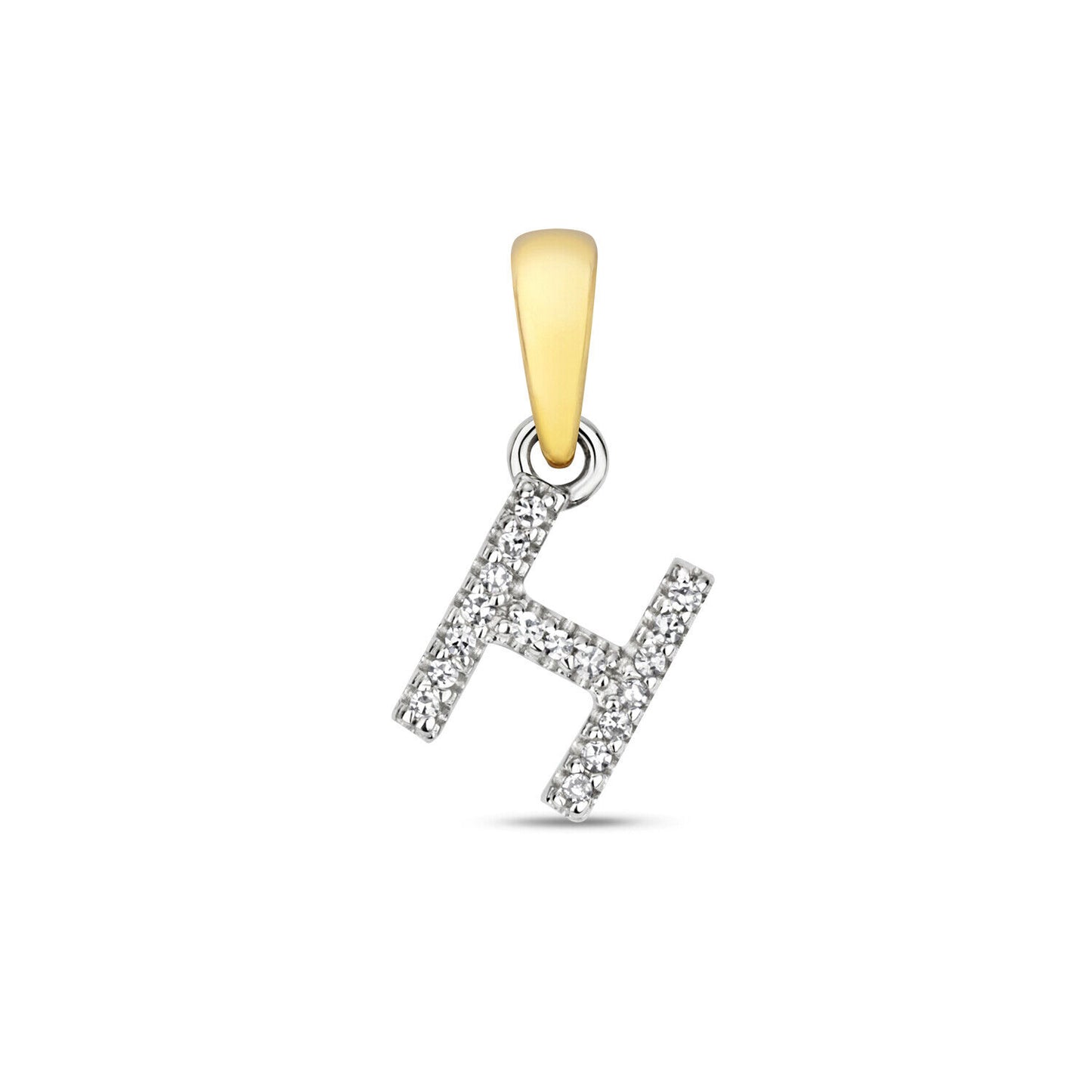 9ct gold diamond initial pendant letter H with sparkling diamonds on white background
