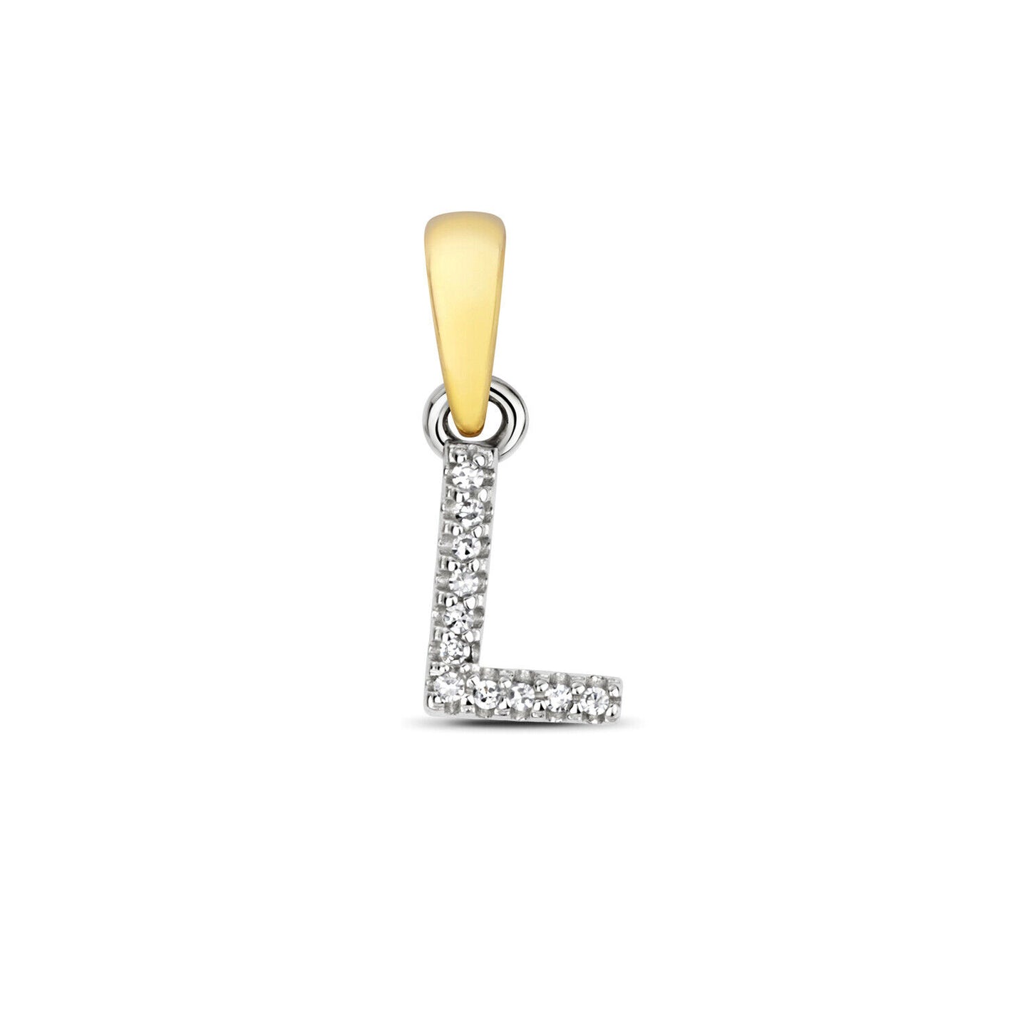 9ct gold diamond initial pendant featuring letter L with sparkling diamonds on white background