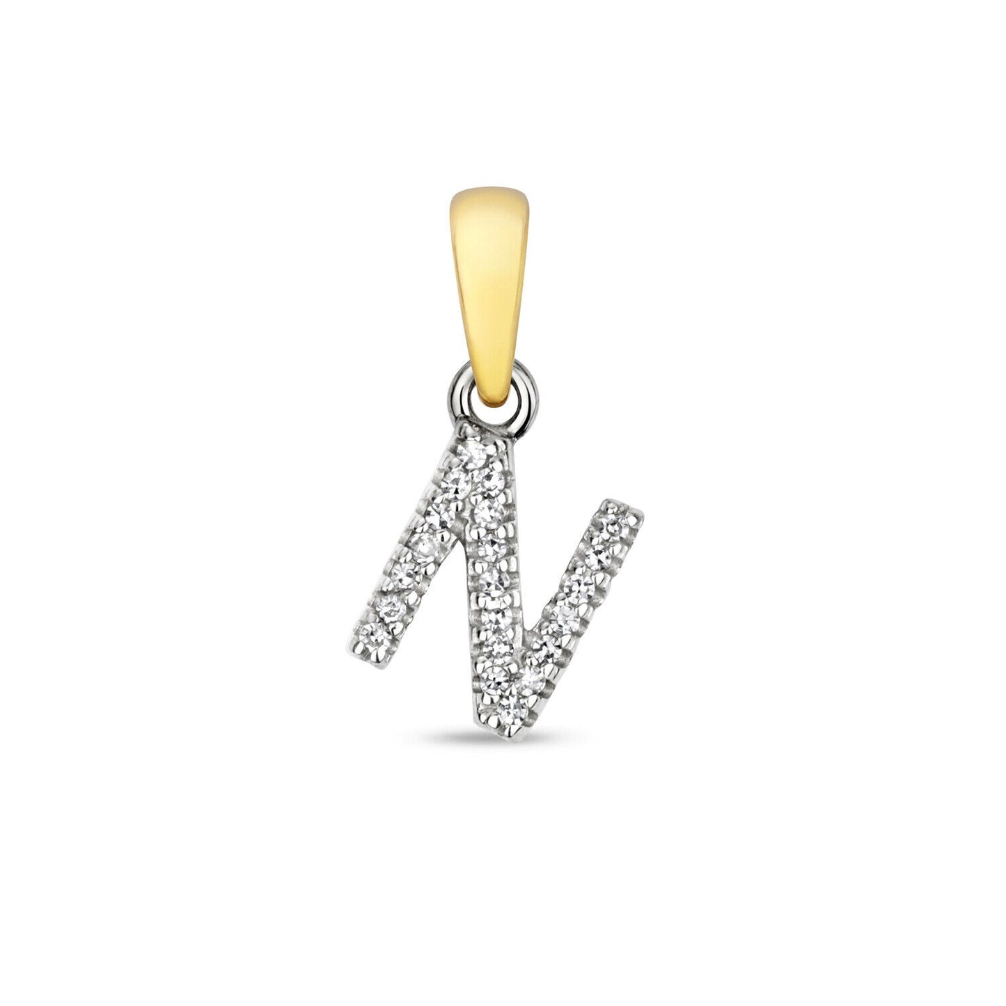 9ct gold diamond initial pendant with sparkling diamonds in letter N design by J R Jewellery