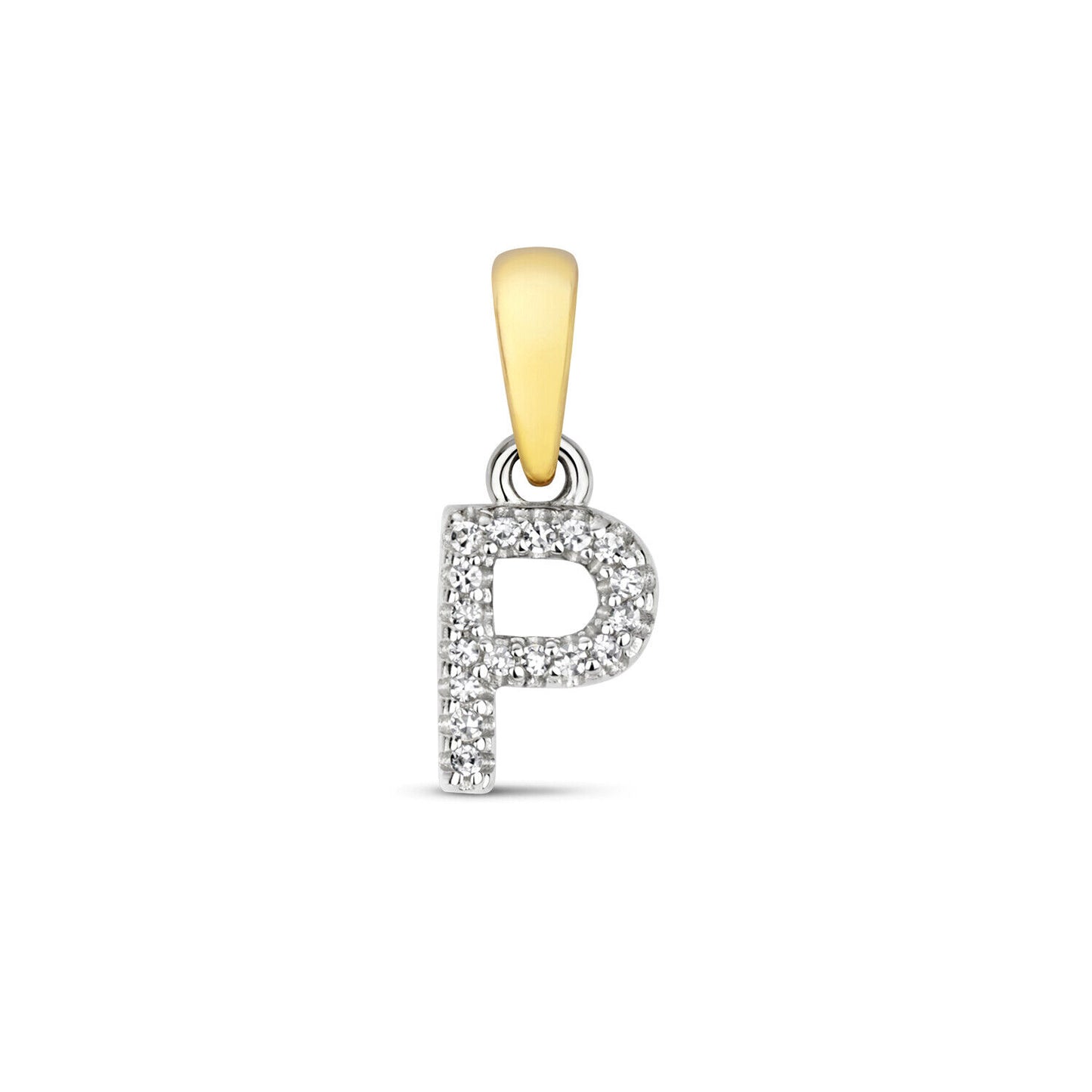 9ct gold diamond initial pendant with letter P featuring sparkling diamonds on white background