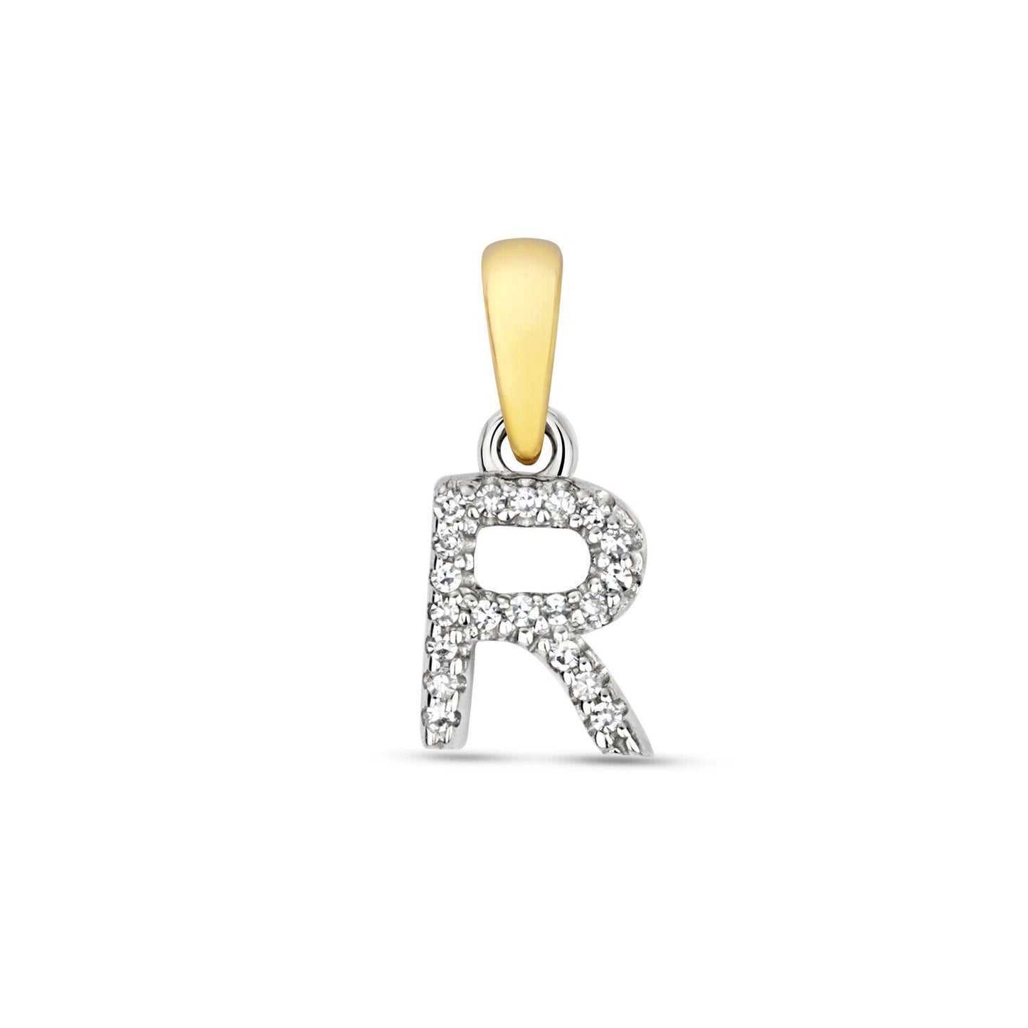 9ct gold diamond initial pendant letter R with sparkling diamonds and gold bail by J R Jewellery
