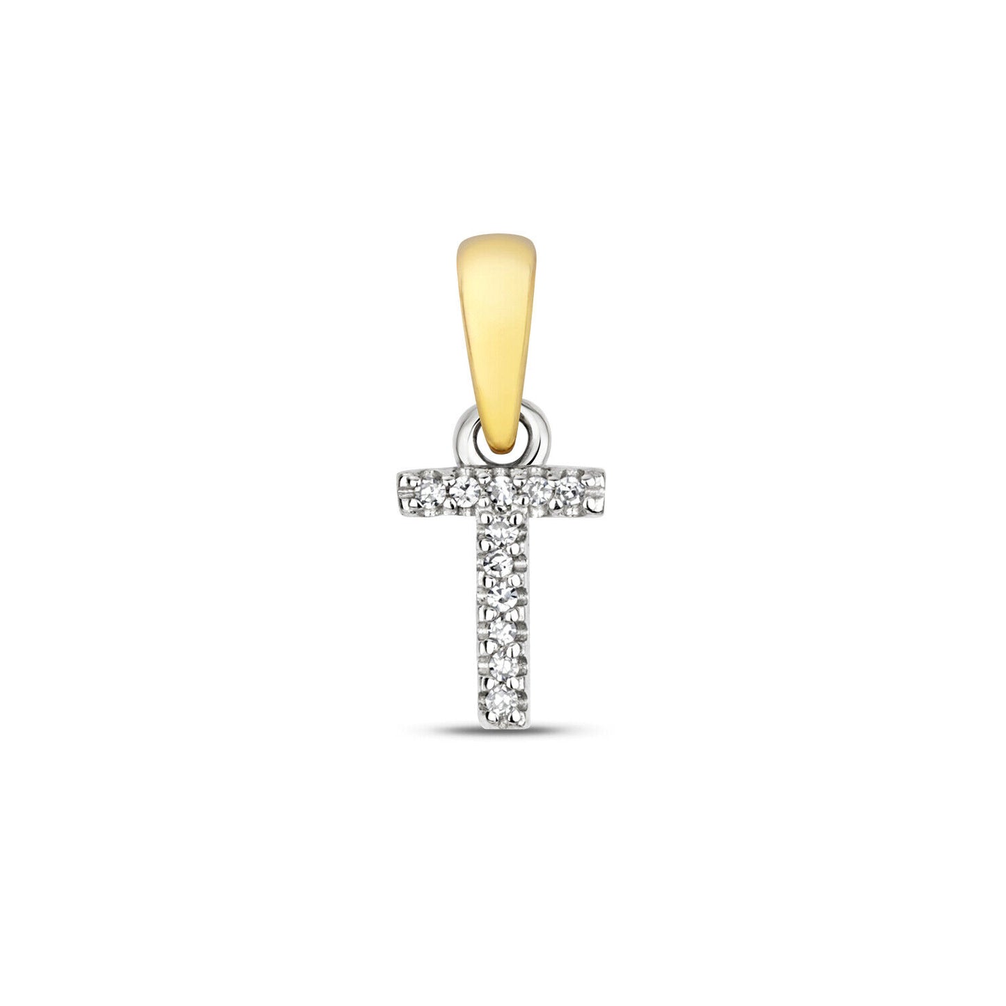 J R Jewellery 9ct gold diamond initial pendant letter T with sparkling diamonds and gold bail