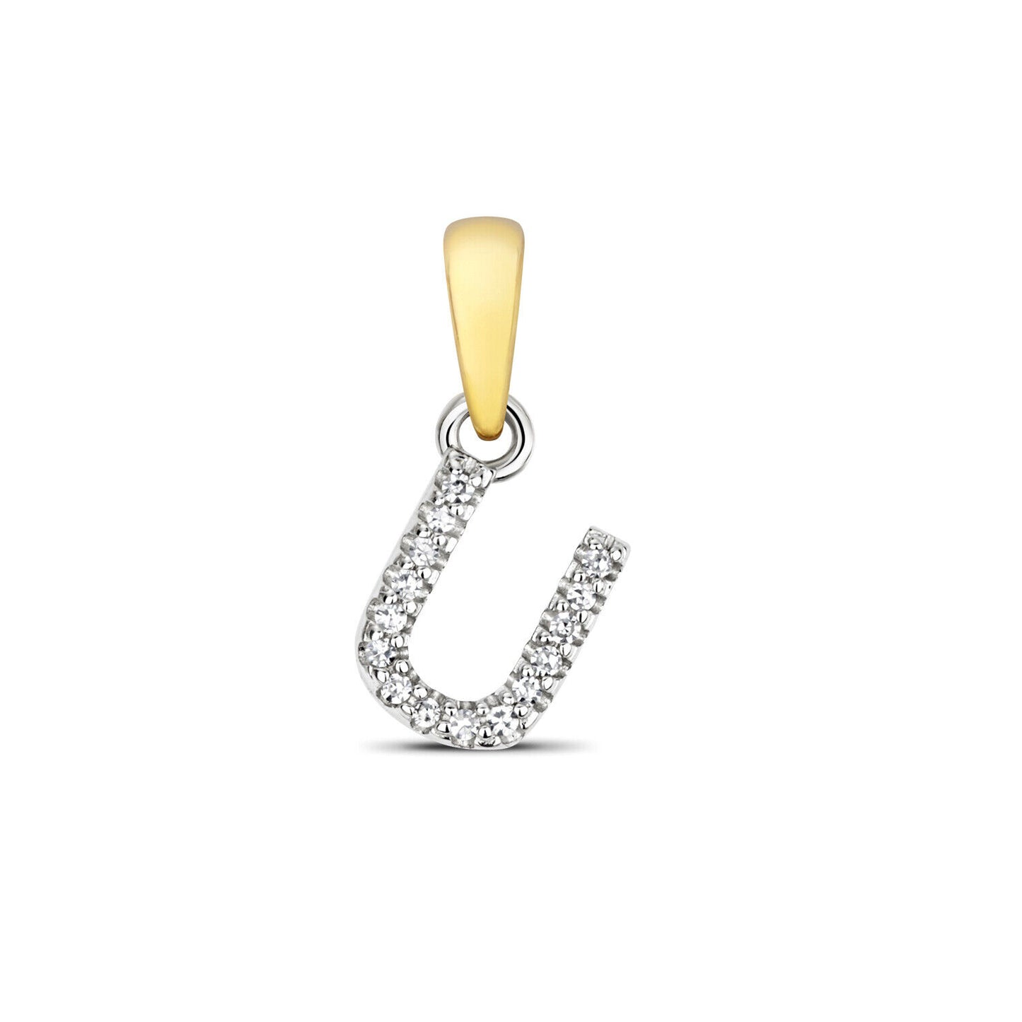 9ct gold diamond initial pendant shaped as letter U with sparkling diamonds and gold bail