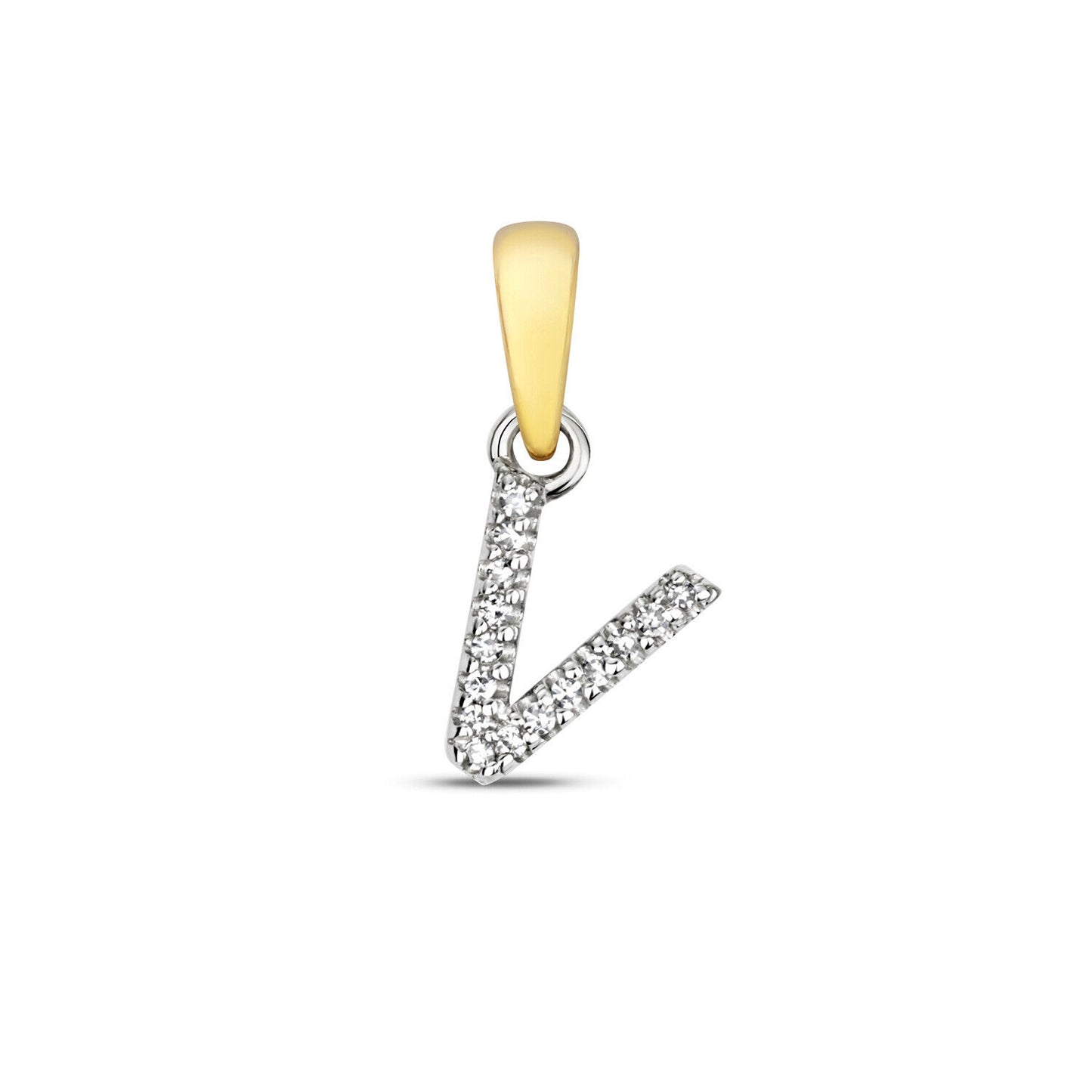 J R Jewellery 9ct gold diamond initial pendant featuring letter V with sparkling diamonds