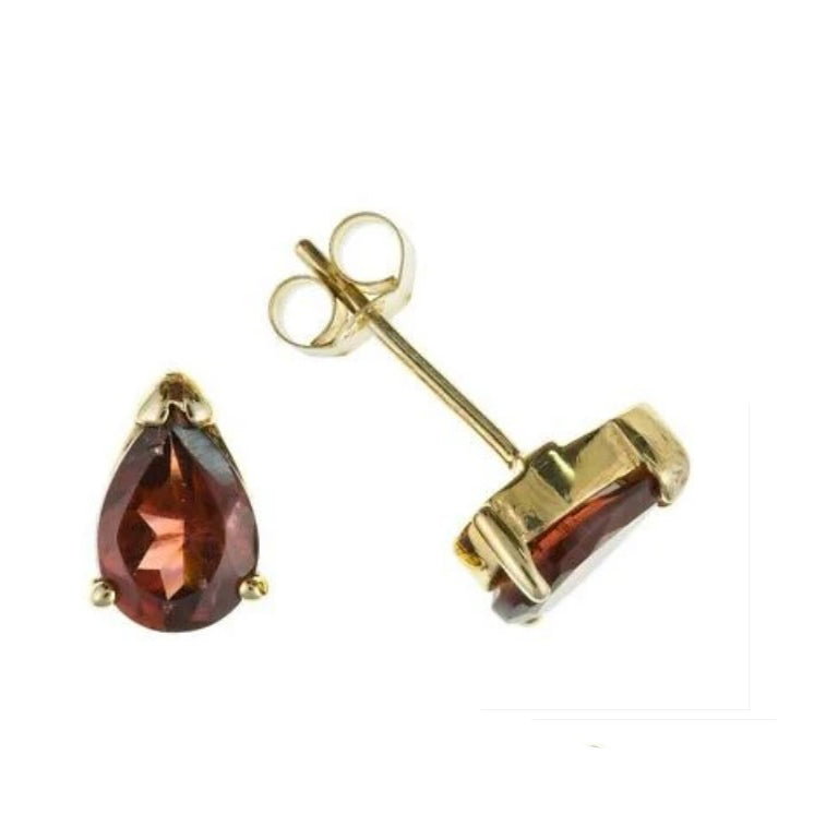 J R Jewellery 9ct gold garnet earrings with teardrop-shaped deep red garnet stones in gold setting