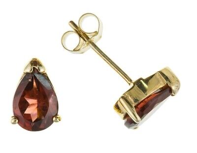 J R Jewellery 9ct gold garnet earrings with pear-shaped red garnet gemstones and secure stud fittings