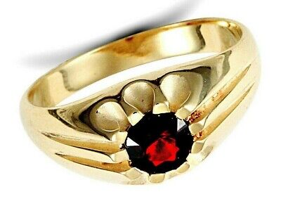 9ct gold garnet gents ring with a round deep red garnet stone set in a polished yellow gold band
