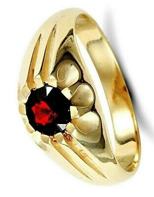 9ct gold garnet gents ring with deep red garnet stone set in polished gold band by J R Jewellery
