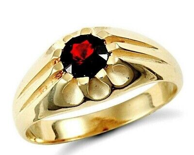 J R Jewellery 9ct gold garnet gents ring with polished band and deep red gemstone