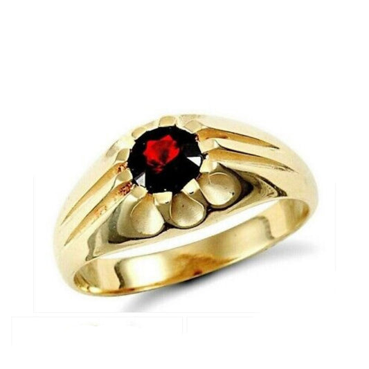 9ct gold garnet gents ring with a round deep red garnet gemstone set in a polished gold band