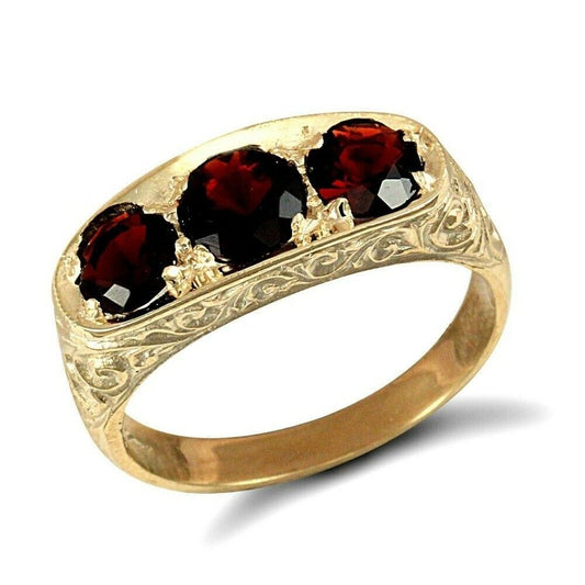 9ct gold gents garnet ring with three deep red garnet stones and detailed engraving