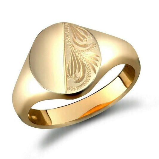 9ct gold gents signet ring by J R Jewellery with half plain and half engraved design