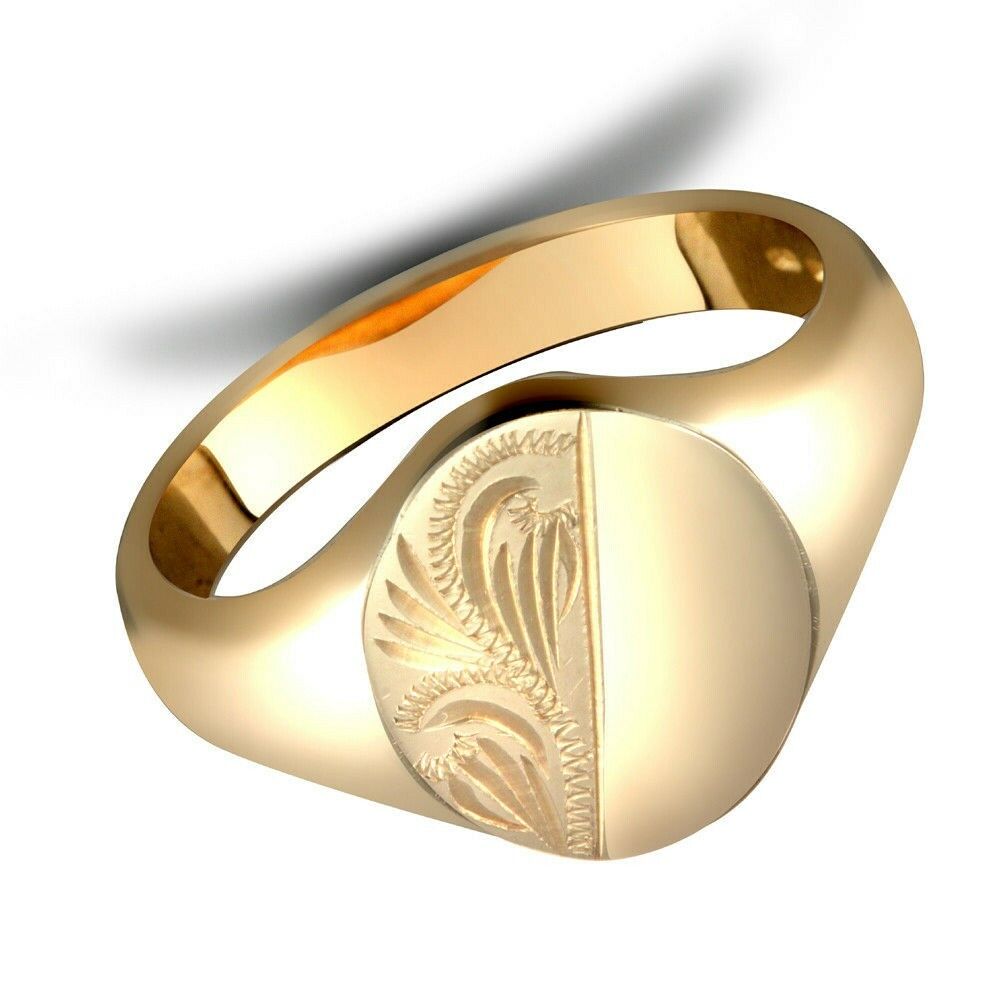 J R Jewellery 9ct gold gents signet ring with half engraved feather design and polished finish