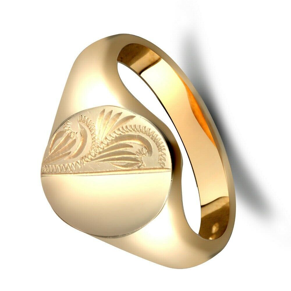 9ct gold gents signet ring with intricate engraved design by J R Jewellery